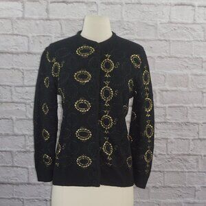 Vintage 50s Black Metallic Gold Embroidered Cardigan Sweater Medium